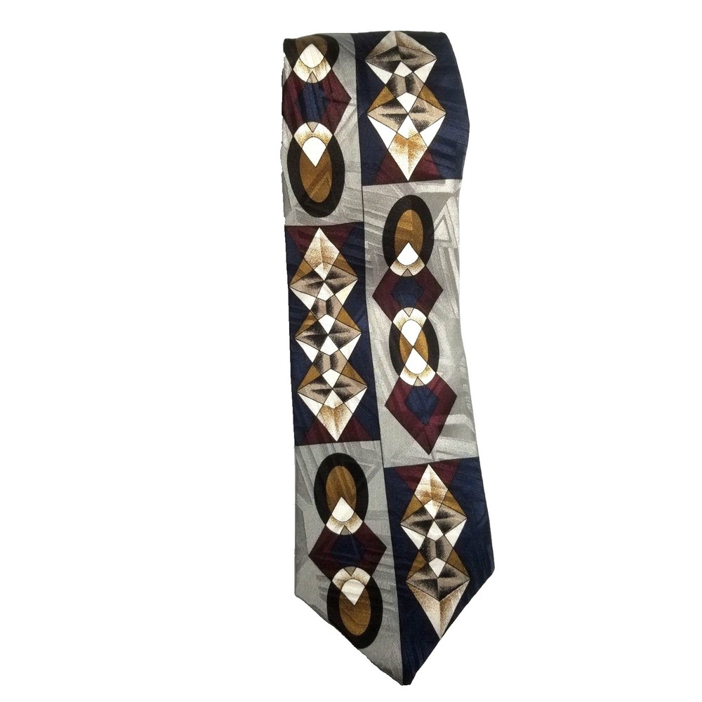 Martin Wong Screenplay Art Deco Geometric Shapes Blue Gray Silk‎ Pointed Tie